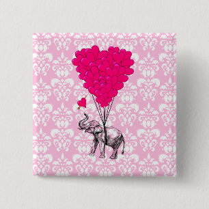 Badge Carré 5 Cm Éléphant mignon drôle & damas rose