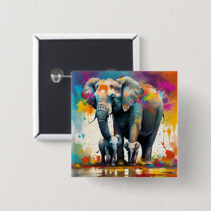 Badge Carré 5 Cm Eléphants De La Mère Et Du Bébé Couleur Splash,
