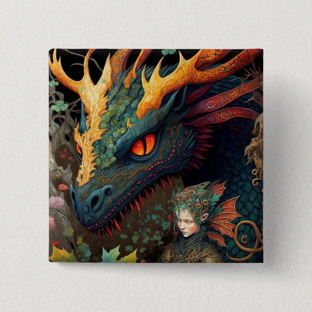 Badge Carré 5 Cm Elf Et Dragon Imaginaire Art (Devant)