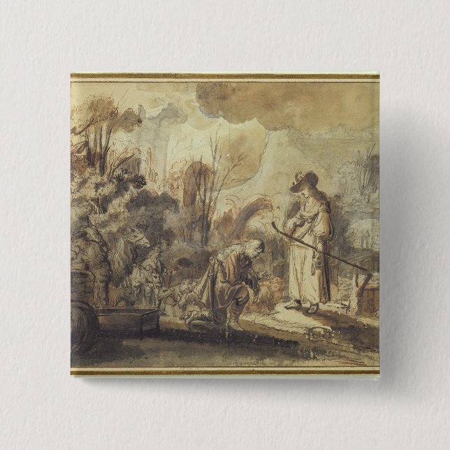 Badge Carré 5 Cm Eliezer et Rebecca au puits (Devant)