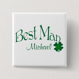 Badge Carré 5 Cm Emerald Green, Shamrock blanc Bouton Best Man