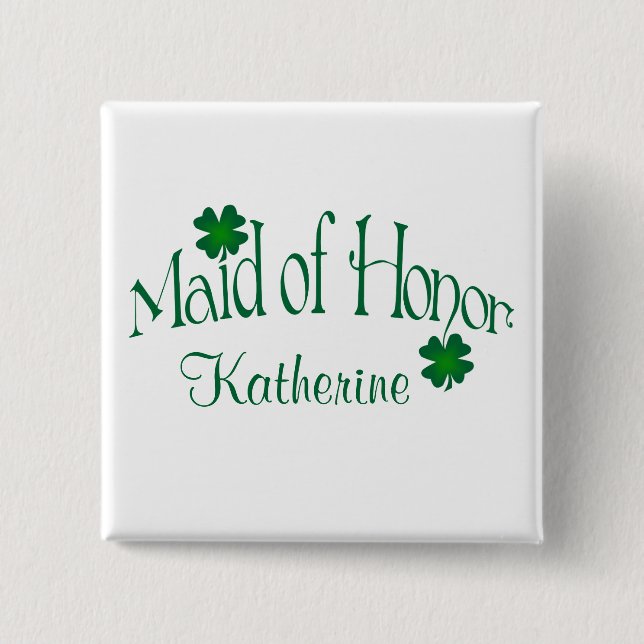 Badge Carré 5 Cm Emerald Green, Shamrock blanc Maid of Honor Button (Devant)