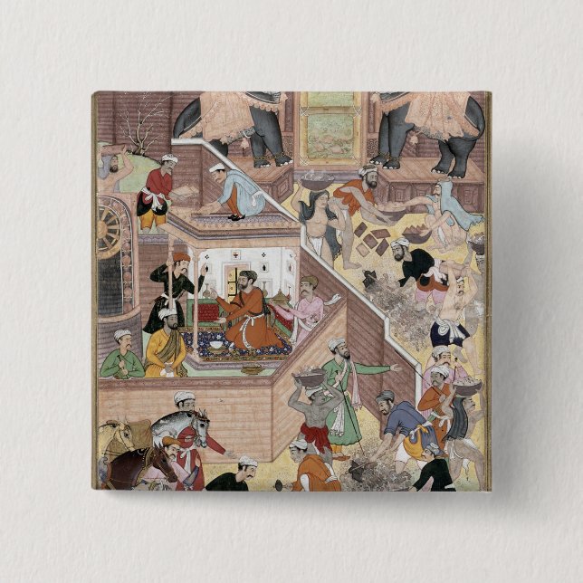 Badge Carré 5 Cm Empereur Akbar (r.1556-1605) inspectant le buildin (Devant)