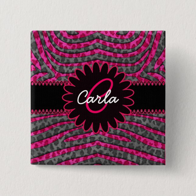 Badge Carré 5 Cm Empreinte de léopard rose et gris dans des rayures (Devant)