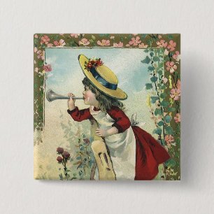 Badge Carré 5 Cm Enfant victorienne vintage, fille soufflant dans u