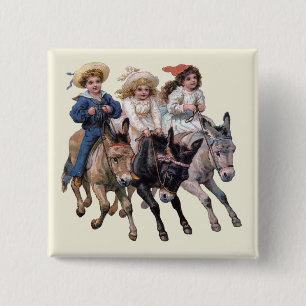 Badge Carré 5 Cm Enfants et chevaux victoriens