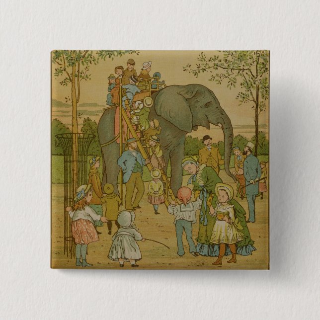 Badge Carré 5 Cm Enfants montant sur l'éléphant (litho) (Devant)