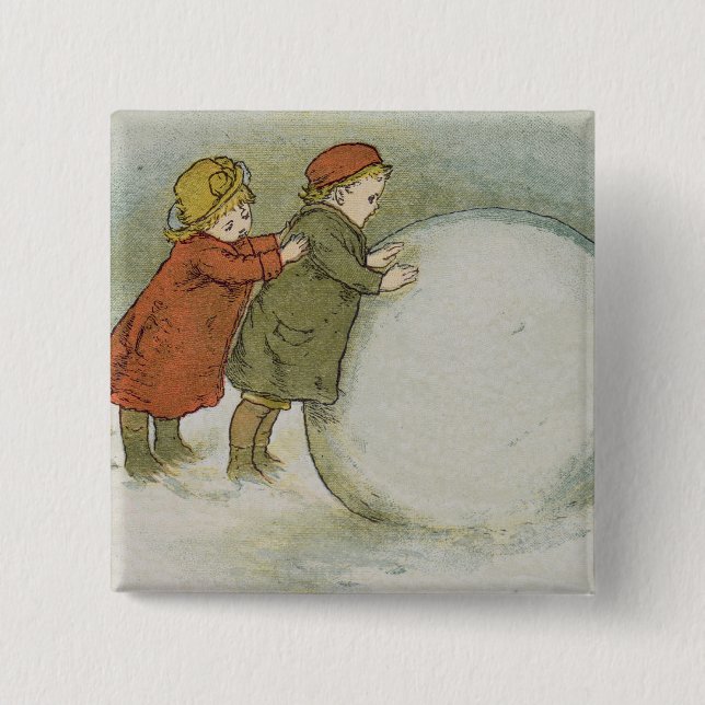 Badge Carré 5 Cm Enfants roulant des boules de neige (Devant)