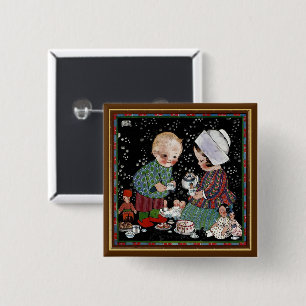 Badge Carré 5 Cm Enfants vintages ayant une tasse de thé