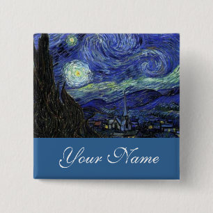 Badge Carré 5 Cm Épingle nominative, Vincent van Gogh, Nuit étoilée