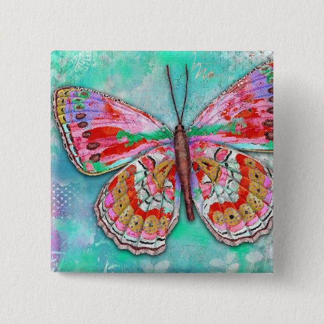 Badge Carré 5 Cm Épingle papillon menthe cerise (Devant)