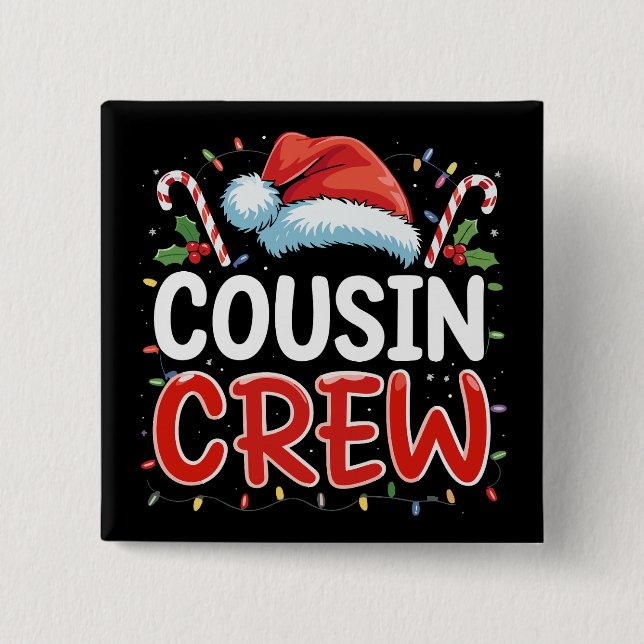 Badge Carré 5 Cm Équipe de Noël Cousin Chapeau de Noël (Devant)