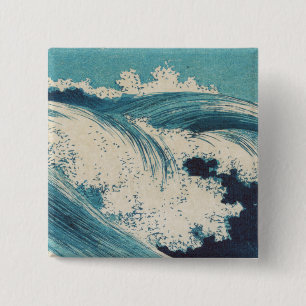 Badge Carré 5 Cm Estampe antique japonaise sur bois Vagues bleues d
