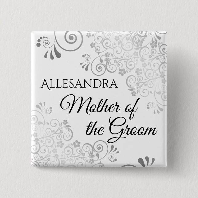 Badge Carré 5 Cm Étiquette de nom de la mère du marié argentée avec (Devant)