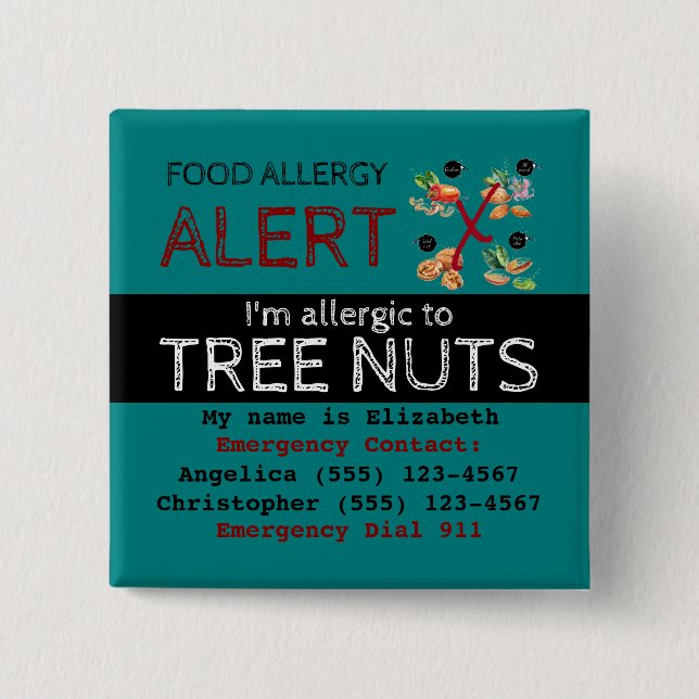 Badge Carré 5 Cm Étiquette turquoise Tree Nut Food Allergy Alert (Devant)