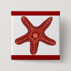 Badge Carré 5 Cm étoiles de mer oranges et rouges