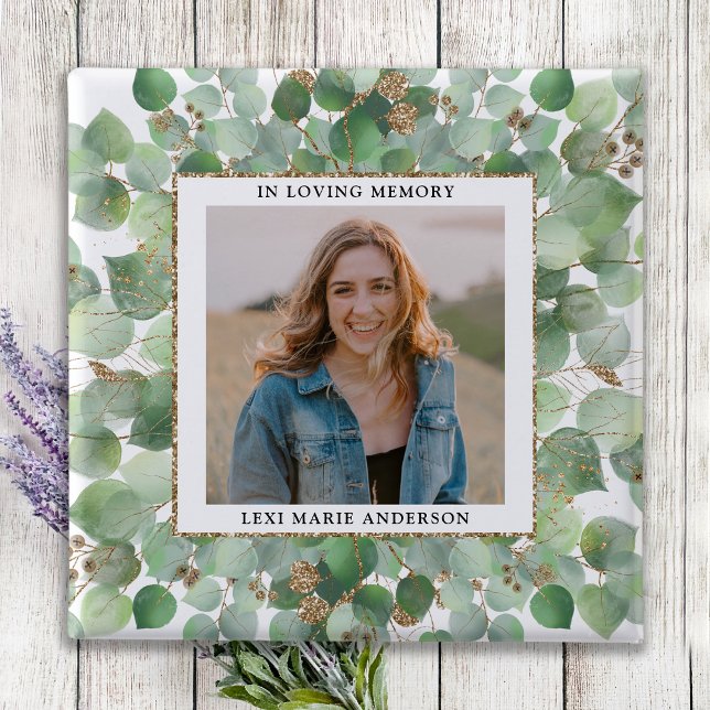 Badge Carré 5 Cm Eucalyptus Green Photo Funérailles commémoratives (Créateur téléchargé)