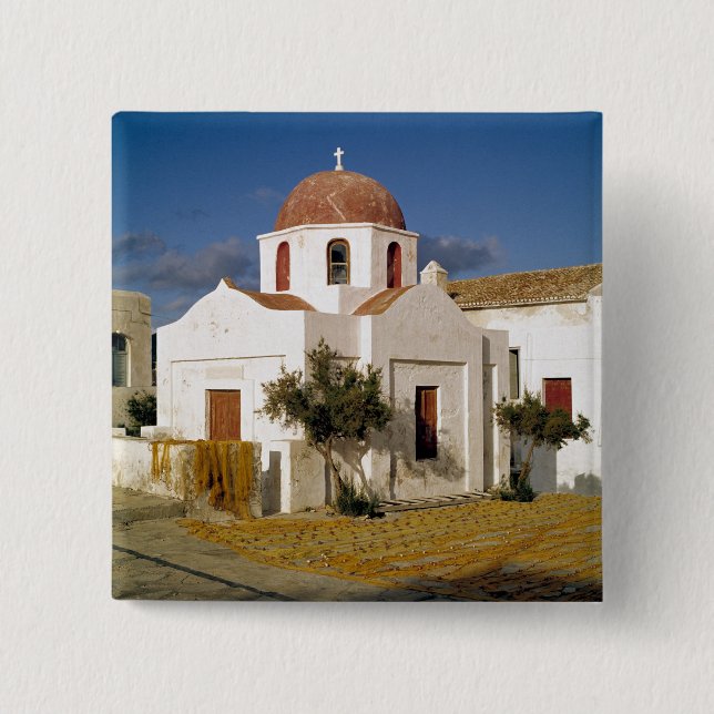 Badge Carré 5 Cm Europe, Grèce, Mykonos. Les filets de pêche séchen (Devant)