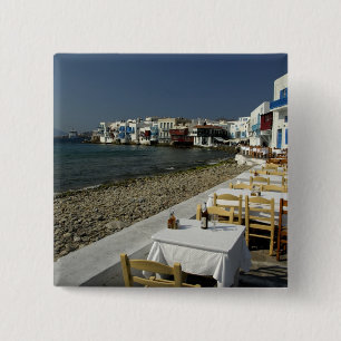 Badge Carré 5 Cm Europe, Grèce, Mykonos. Vue sur le bord de mer