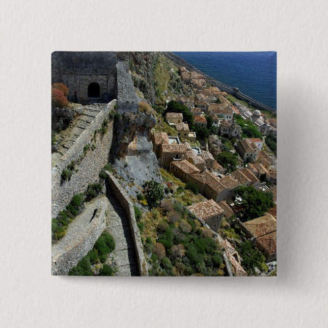 Badge Carré 5 Cm Europe, Grèce, Péloponnèse, Monemvasia (Devant)