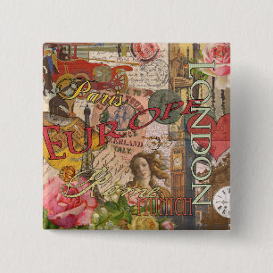 Badge Carré 5 Cm Europe Travel Print Art Londres Paris