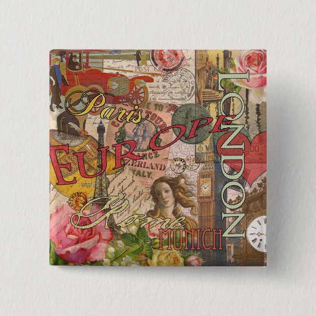 Badge Carré 5 Cm Europe Travel Print Art Londres Paris (Devant)
