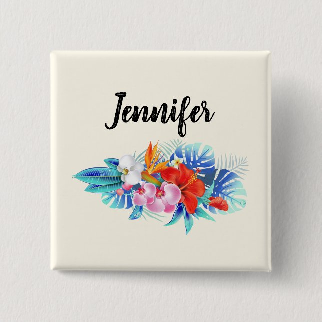 Badge Carré 5 Cm Exotic Tropical Flowers - Pink & Aquamarines (Devant)