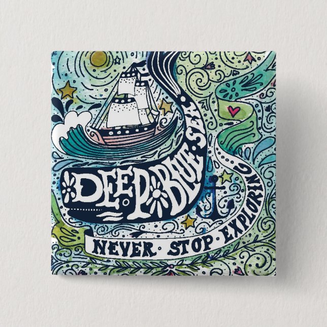 Badge Carré 5 Cm Explorer bleu profond d'arrêt de la mer |Never (Devant)