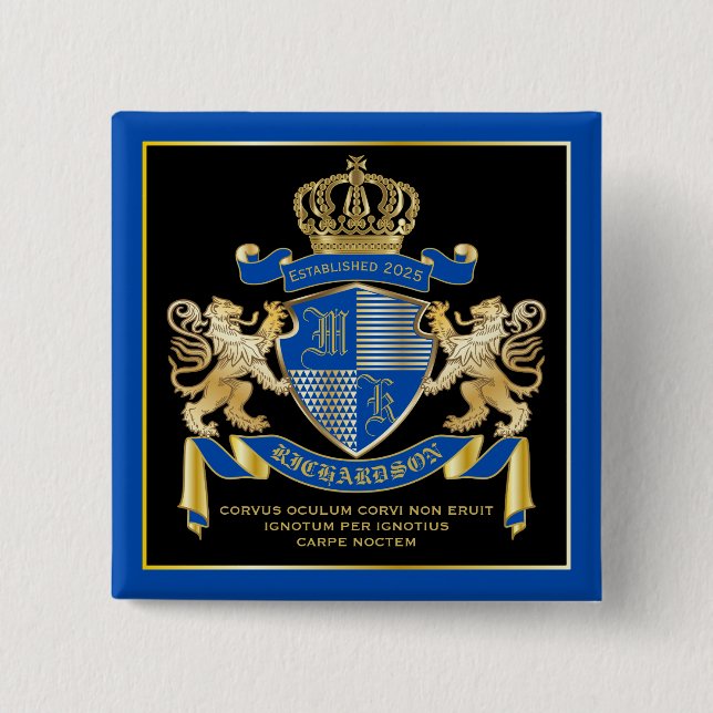 Badge Carré 5 Cm Faites votre propre blason Bleu or Lion Emblem (Devant)