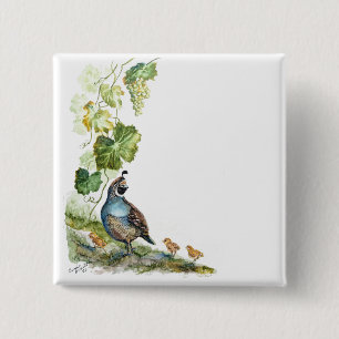 Badge Carré 5 Cm Famille de Cailles de Californie à l'aquarelle per