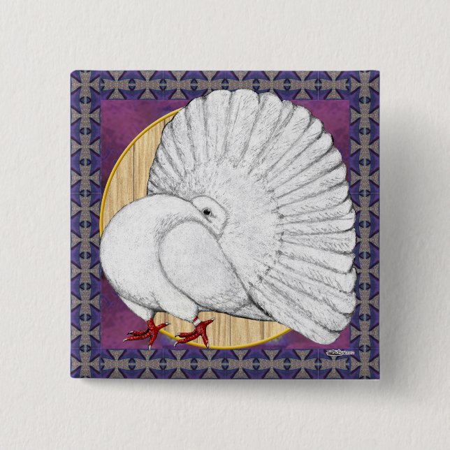 Badge Carré 5 Cm Fantail Pigeon Blanc avec Arrière - plan (Devant)