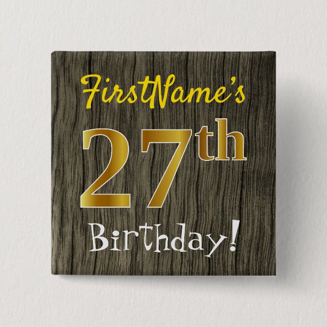 Badge Carré 5 Cm Faux Bois, Faux Or 27ème Anniversaire + Nom Person (Devant)