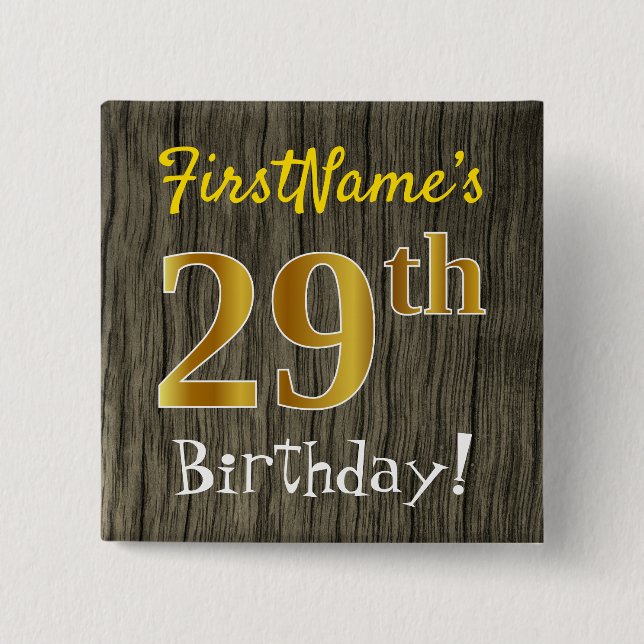 Badge Carré 5 Cm Faux Bois, Faux Or 29e Anniversaire + Nom personna (Devant)