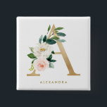Badge Carré 5 Cm Faux Gold Foil Joli Floral Lettre A Monogramme<br><div class="desc">Bouton floral féminin et élégant avec des illustrations d'aquarelle de fleurs,  de verdure et de fausse feuille monogramme. Personnalisez en ajoutant un nom ou une courte phrase. Ce bouton floral monogramme sera parfait comme cadeau personnalisé.</div>
