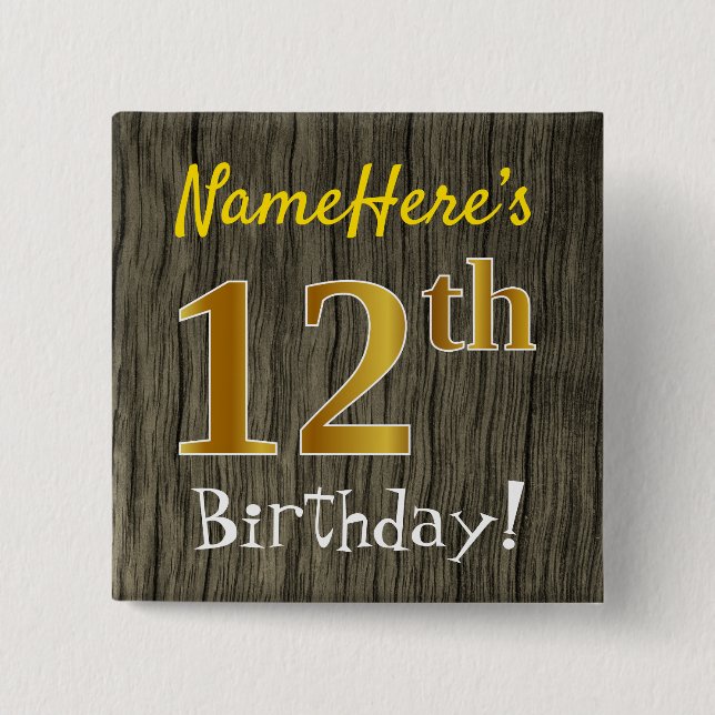 Badge Carré 5 Cm Faux Wood, Faux Gold 12e anniversaire + Nom person (Devant)