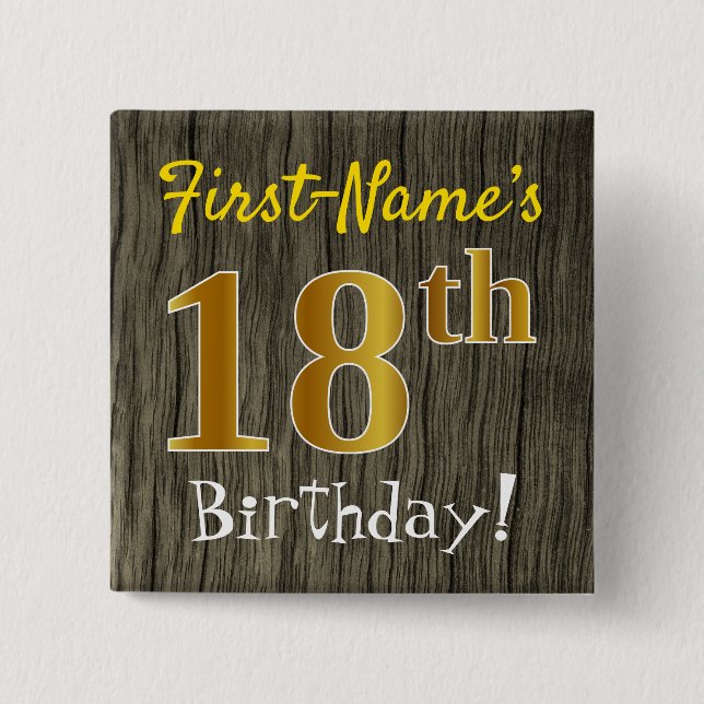 Badge Carré 5 Cm Faux Wood, Faux Gold 18e anniversaire + Nom person (Devant)