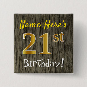 Badge Carré 5 Cm Faux Wood, Faux Gold 21e anniversaire + Nom person