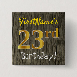 Badge Carré 5 Cm Faux Wood, Faux Gold 23e anniversaire + Nom person