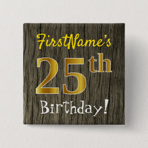 Badge Carré 5 Cm Faux Wood, Faux Gold 25e anniversaire + Nom person