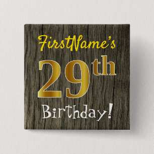 Badge Carré 5 Cm Faux Wood, Faux Gold 29e anniversaire + Nom person