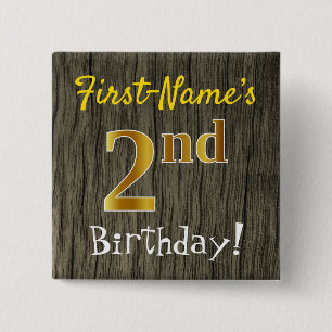 Badge Carré 5 Cm Faux Wood, Faux Gold 2e anniversaire + Nom personn