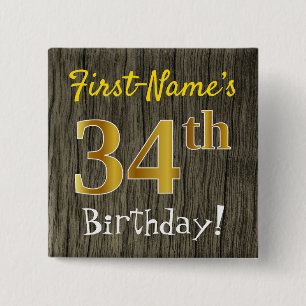 Badge Carré 5 Cm Faux Wood, Faux Gold 34e anniversaire + Nom person