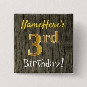 Badge Carré 5 Cm Faux Wood, Faux Gold 3e anniversaire + Nom personn