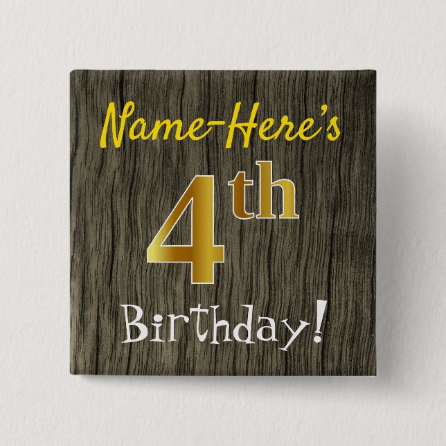 Badge Carré 5 Cm Faux Wood, Faux Gold 4e anniversaire + Nom personn (Devant)