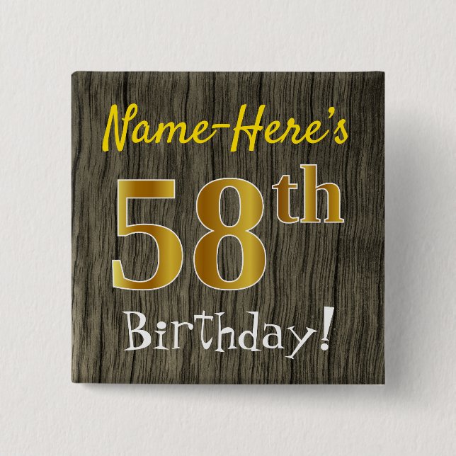 Badge Carré 5 Cm Faux Wood, Faux Gold 58e anniversaire + Nom person (Devant)