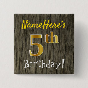 Badge Carré 5 Cm Faux Wood, Faux Gold 5e anniversaire + Nom personn