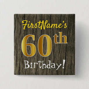 Badge Carré 5 Cm Faux Wood, Faux Gold 60e anniversaire + Nom person