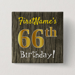 Badge Carré 5 Cm Faux Wood, Faux Gold 66e anniversaire + Nom person