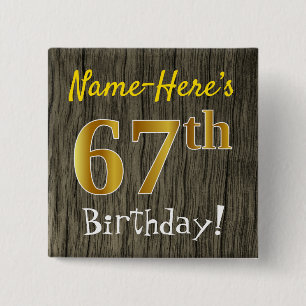 Badge Carré 5 Cm Faux Wood, Faux Gold 67e anniversaire + Nom person