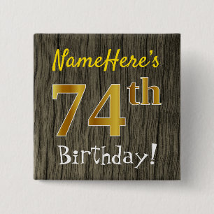 Badge Carré 5 Cm Faux Wood, Faux Gold 74e anniversaire + Nom person